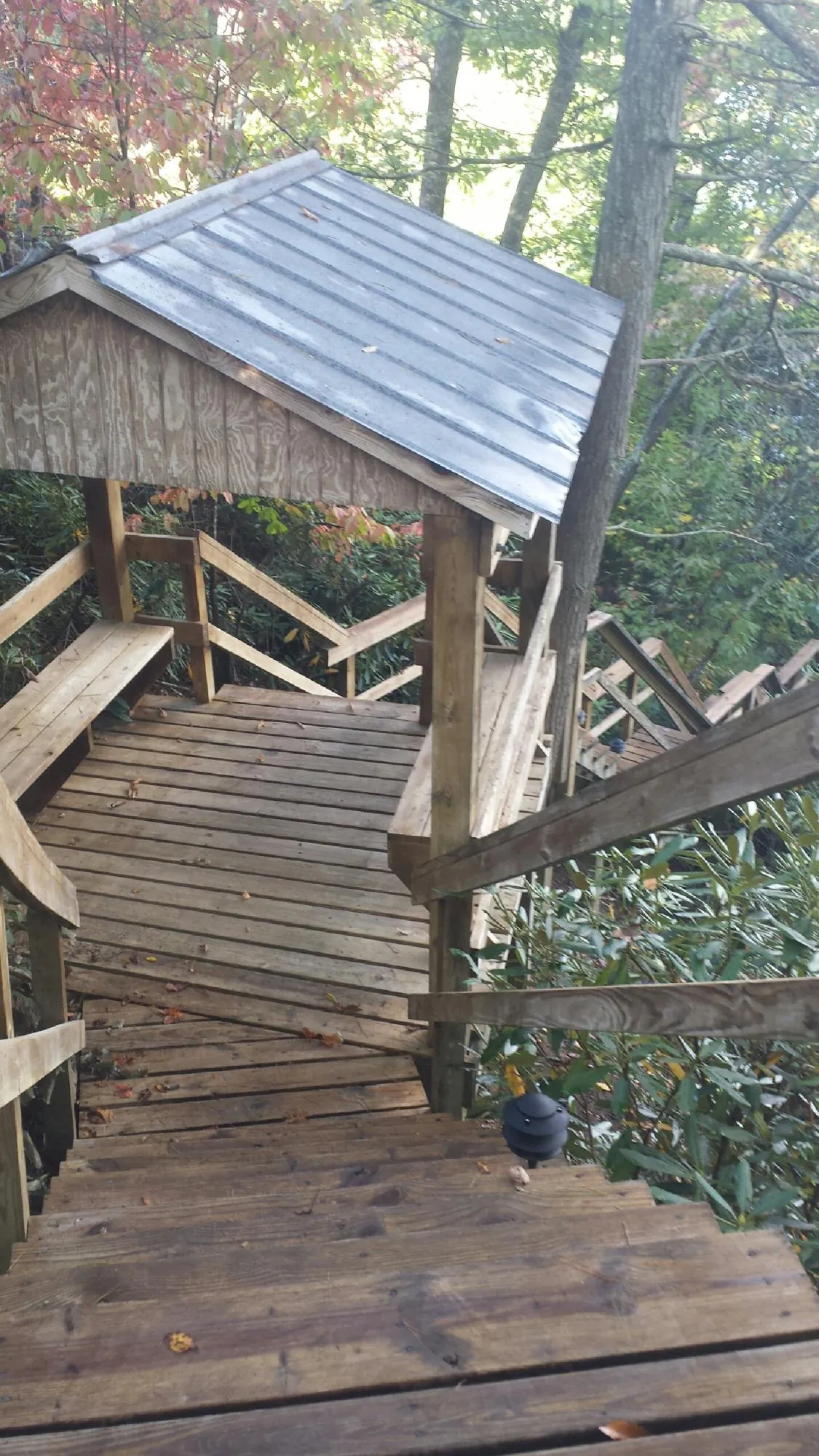 Metal roofed shelter over wooden steps on a wooded walkway — Skylight Repair & Installation work by our crew in Friedens